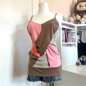 Y2K Neapolitan pink, brown, cream and grey cross over tank top